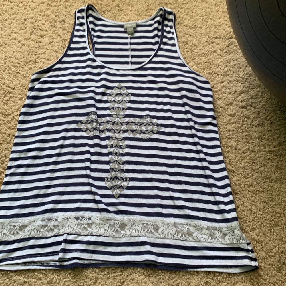 Blue and white cross and lace tank top